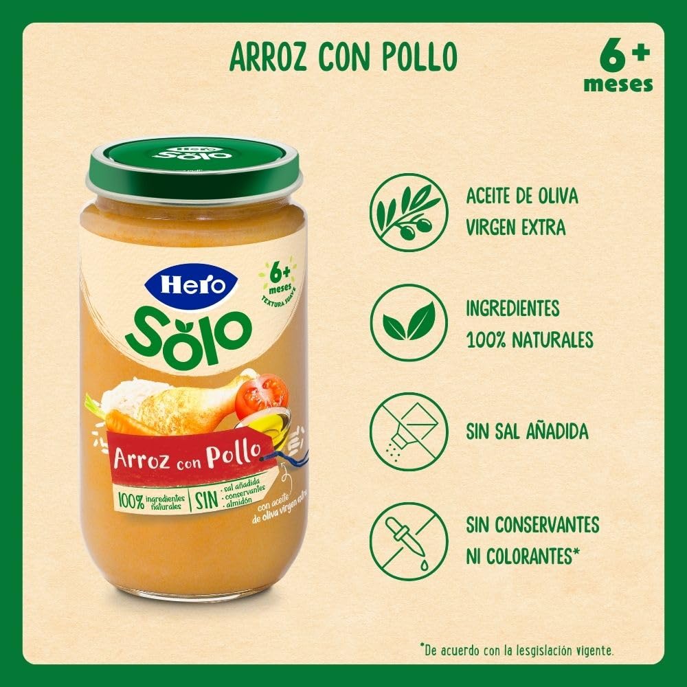 Hero Baby Tarrito Infantil Arroz y Pollo 235g 12 Pack Sin Aceite de Palma Sin Sal Añadida para Bebés desde 6 meses