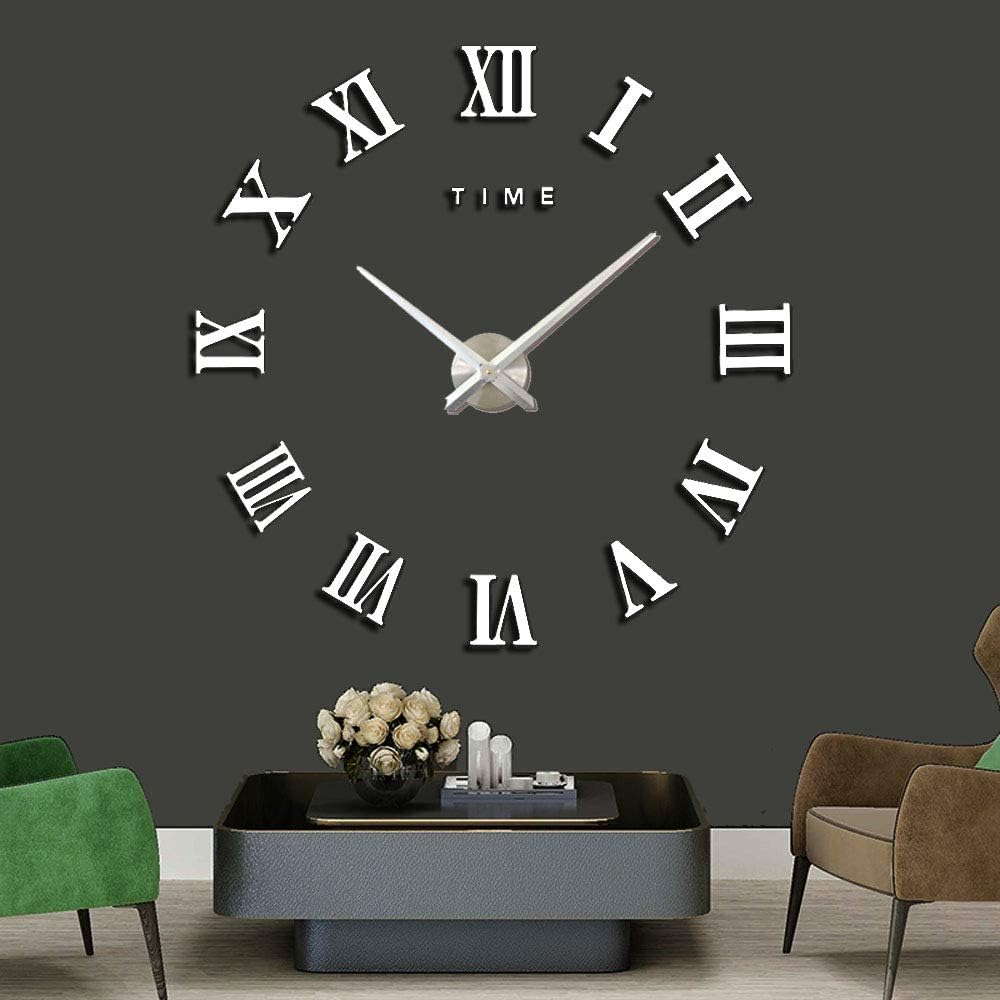 DIY Wall Clock 3D Silent Stickers Digital Modern Craft Arts Self Adhesive Acrylic Mirror Stickers Clock for Home Office Decor (Silver)