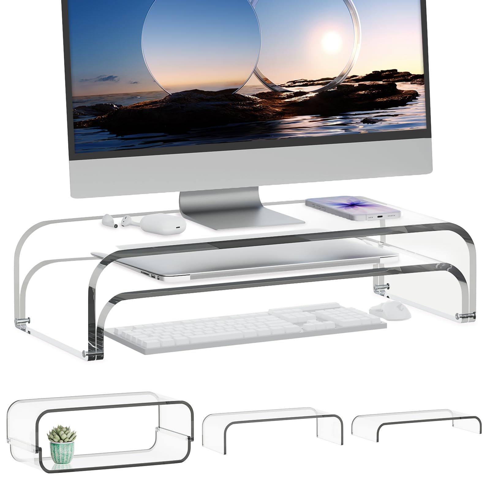 ERGO COLLECT Monitorständer Acryl 2er-Set, 2-Ebenen Bildschirmerhöhung Modular, Monitor Riser für Schreibtisch & Home Office, Laptop Ständer Transparent für iMac, PC, Drucker & Tastatur