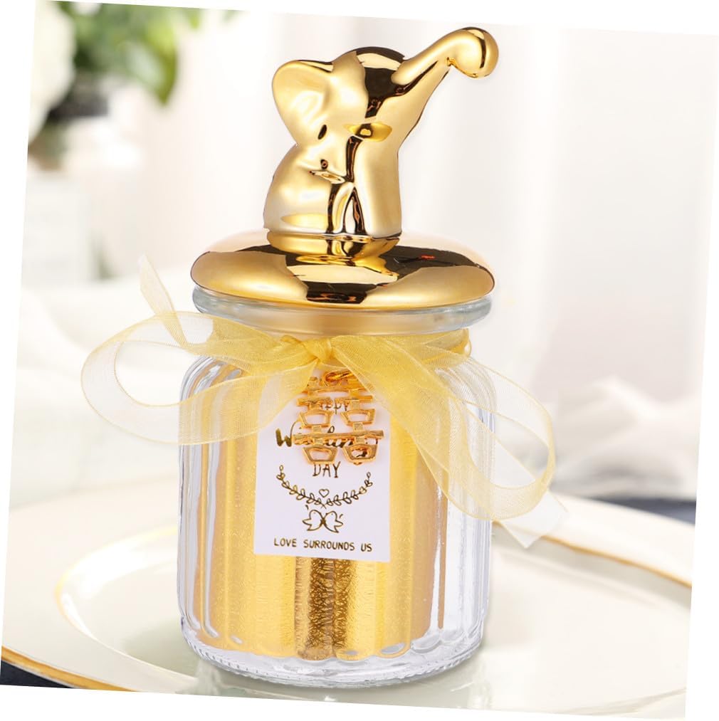 Wedding Glass Candy Jar with Golden Ceramic Elephant Lid, Sealed Display Snack Bottle for Party and Bridal Shower Favors, Small Decorative Candy Box for Home and Event Storage