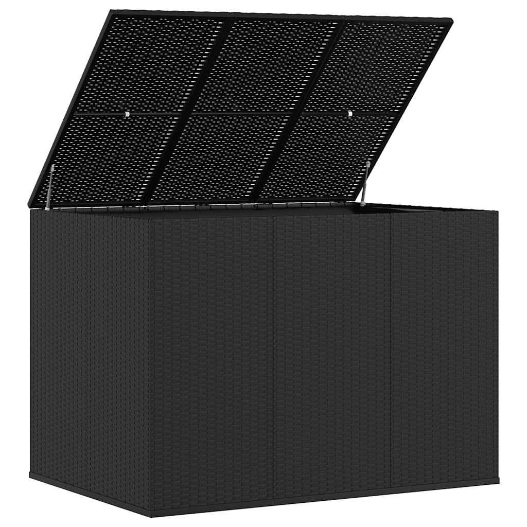 Garten-Kissenbox PE Rattan mit Gasdruckfeder 145x100x103 cm Schwarz wetterfest wasserdicht Stauraum Aufbewahrung für Balkon Terrasse Outdoor Polster und Kissen