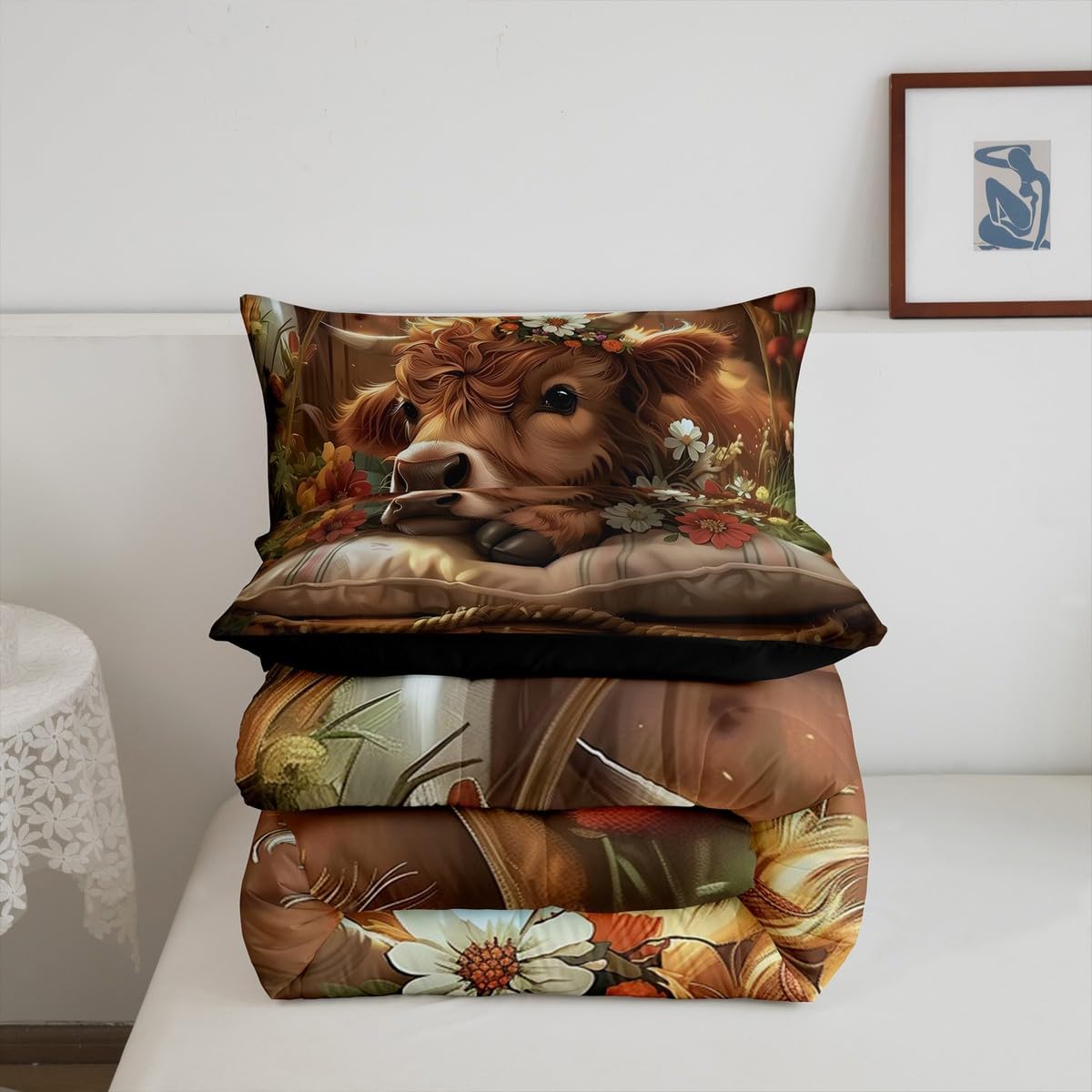 Erosebridal Cute Highland Cow Bedding for Kids Funny Cow Calf Comforter Set Western Farm Animal with Daisy Flowers Duvet Insert Full with 2 Pillowcases
