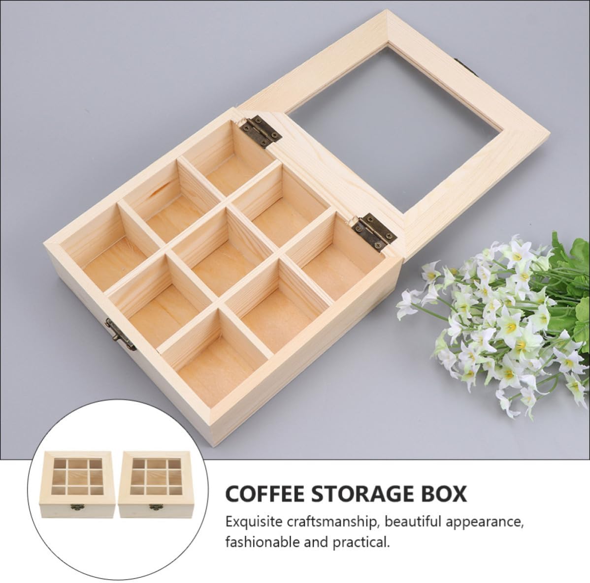 2pcs Classic Pine Wooden Tea Bag Organizer Storage Boxes with Glass Lids, Multipurpose Tea Sachet Holder Can Also Store Dried Flowers and Small Items for Kitchen or Office