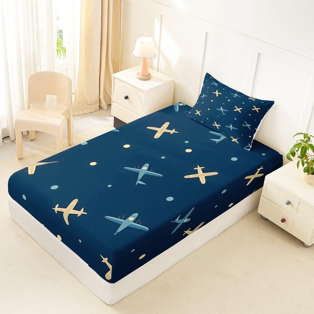 Erosebridal Cartoon Airplanes Fitted Sheet Twin Size