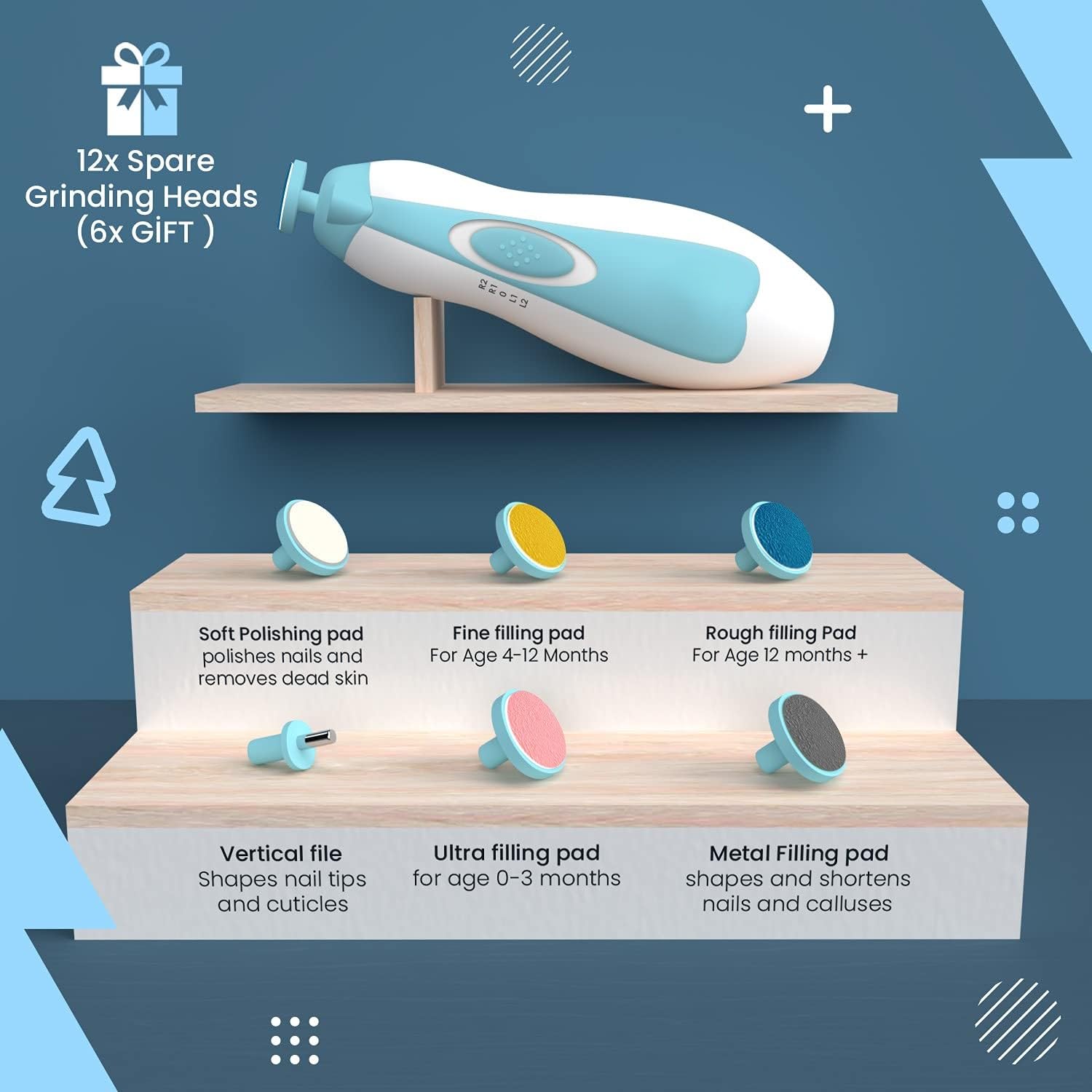Novo Baby Electric Nail Cutter New Born 0-6 Months with LED Light | Infant Nail File | Toddler Nail Clipper | Kids Nail Trimmer | Newborn Baby Products | Safe Grooming Kit with 6 Filer Heads (Multi)