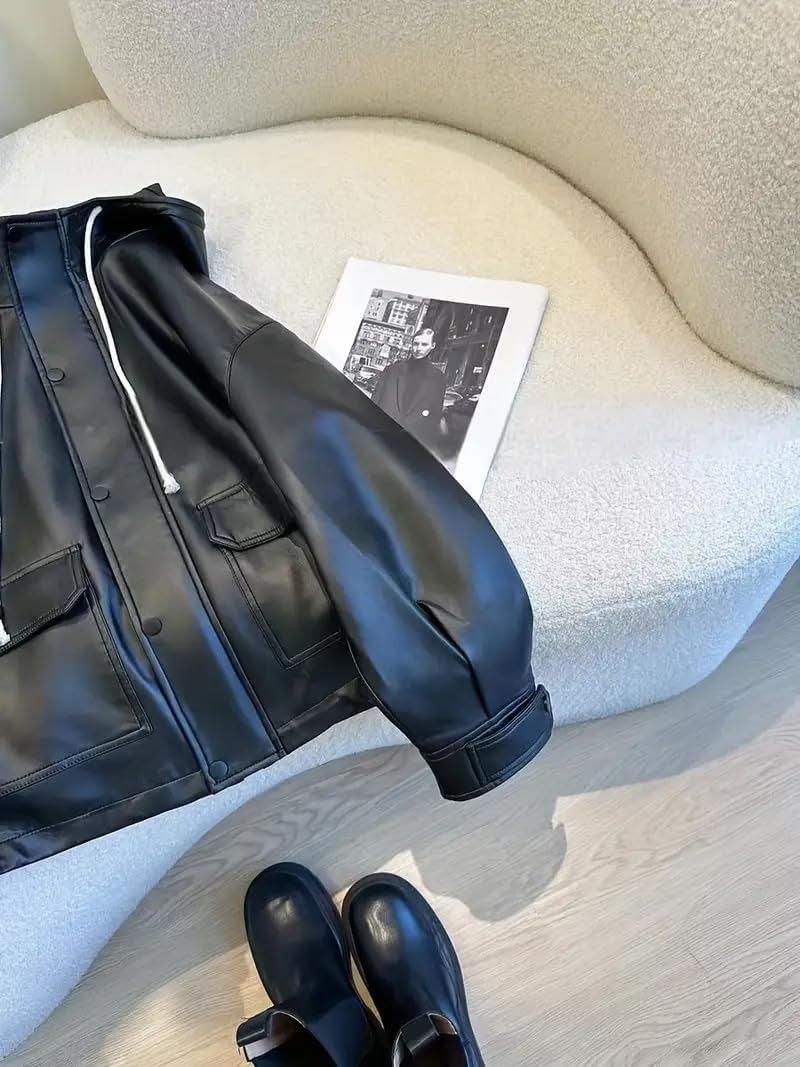Women's Faux Leather Hooded Jacket, Black, Zip Front with Pockets, Casual Streetwear Style