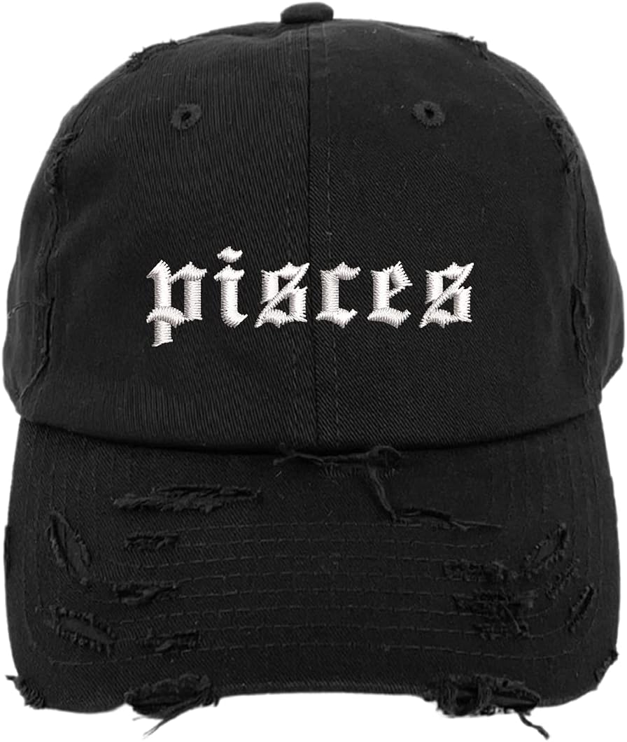 Pisces Lowercase Vintage Distressed Baseball Cap - Unisex Embroidered Distressed Ba...