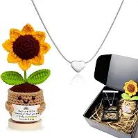 Kit Presente Feminino Colar Prata em Aço Inox Pingente de Coração + Porta Joias em Caixa Luxo Elegante + Girassol em Crochê Crochet Pronto Presentear Delicado Aniversário Dia das Mães Natal Namorados