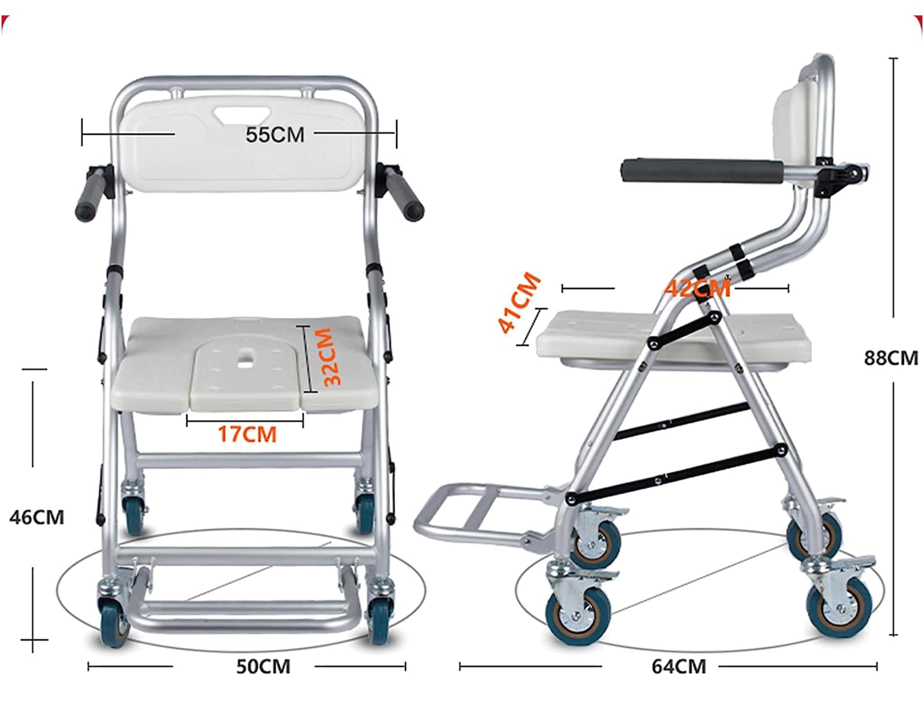 Sedia da Doccia 150KG con Rotelle per Anziani e Disabili | Sedile da Sgabello Bagno Pieghevole, Sgabello Doccia con Braccioli e Schienale - Quattro Ruote con Freni, Antiscivolo