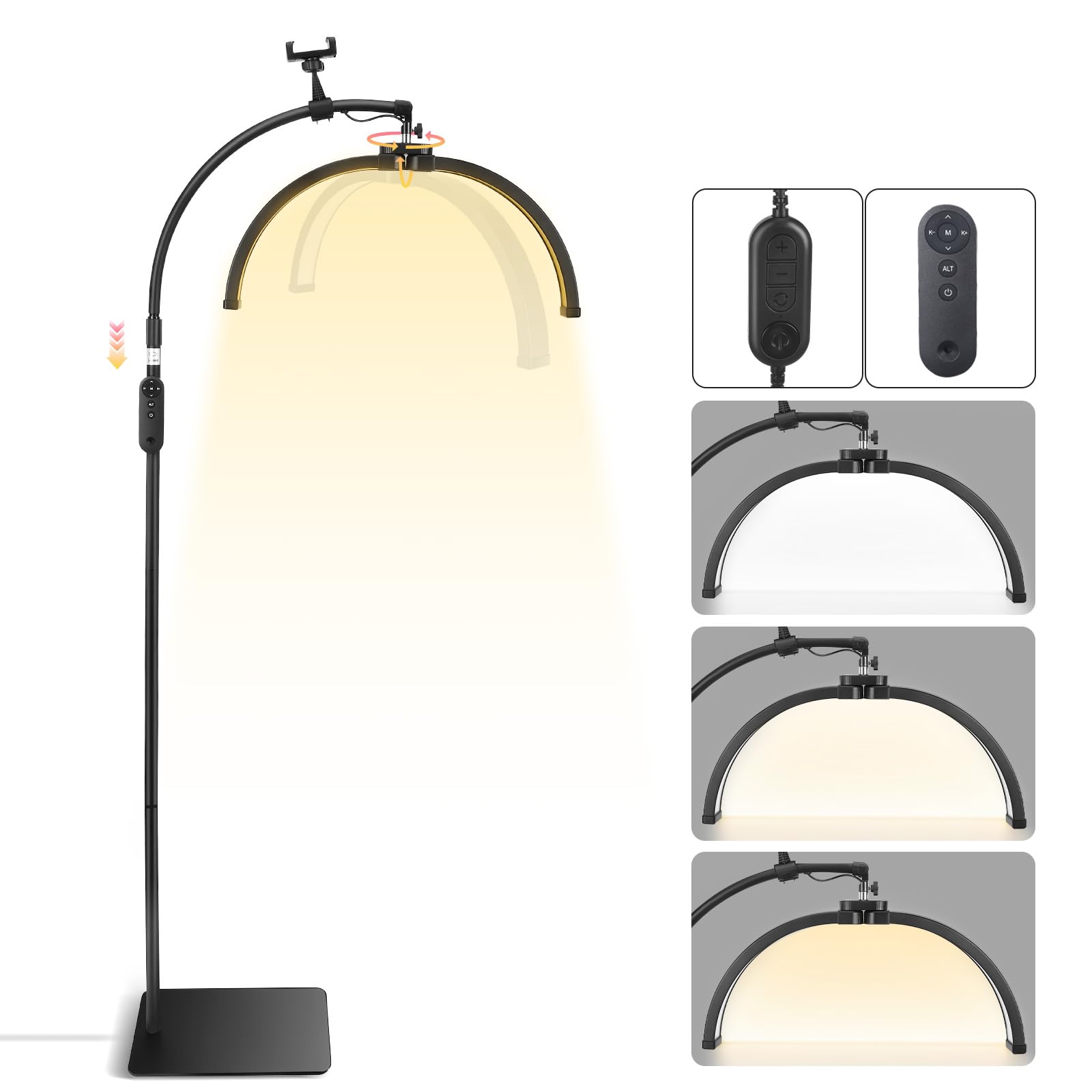 LED Half Moon Lampe, Faltbare Kosmetik Lampe mit Telefonhalterung,360° drehbarer Lichtkopf,3 Farbtemperaturen & 10 Helligkeiten, Halbmond-Ringlampe für Schönheit, Tattoo, Hautpflege, Augenbrauen