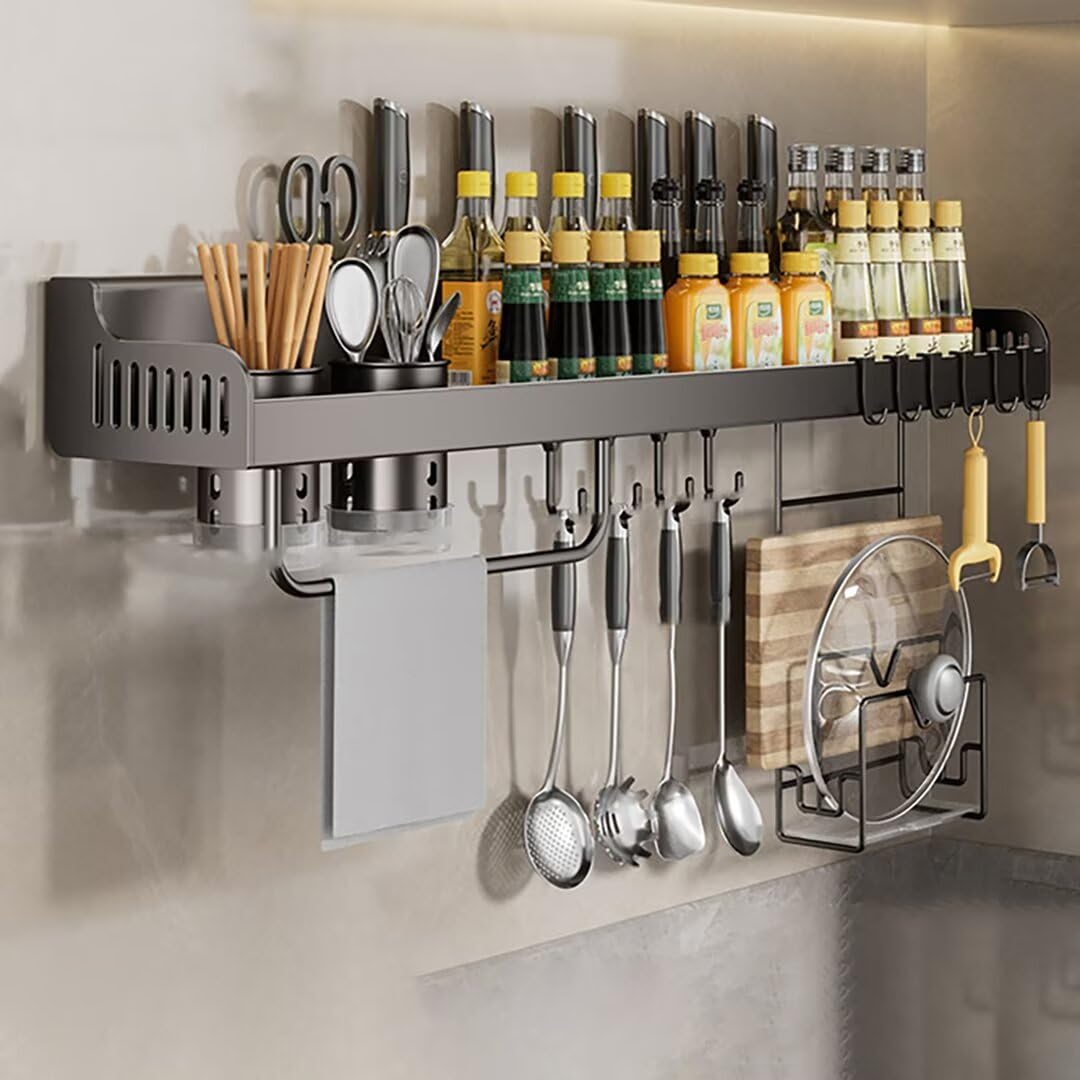 WYQXTY Wall Mount Kitchen Spice Utensil Rack Wall Mounted Spice Rack with Knife Slot, 6 Hooks, 2 Mugs, Towel Holder, 60cm, Grey/Black(Grey)