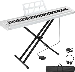 LEADZM 88 Tasten Halbgewichteten Digital Piano, Full Size Keyboard, Elektronische Tastatur mit Doppelrohr-X-Förmigem Ständer, Bluetooth MIDI, Notenständer, Sustain-Pedal, Kopfhörer (Weiß)