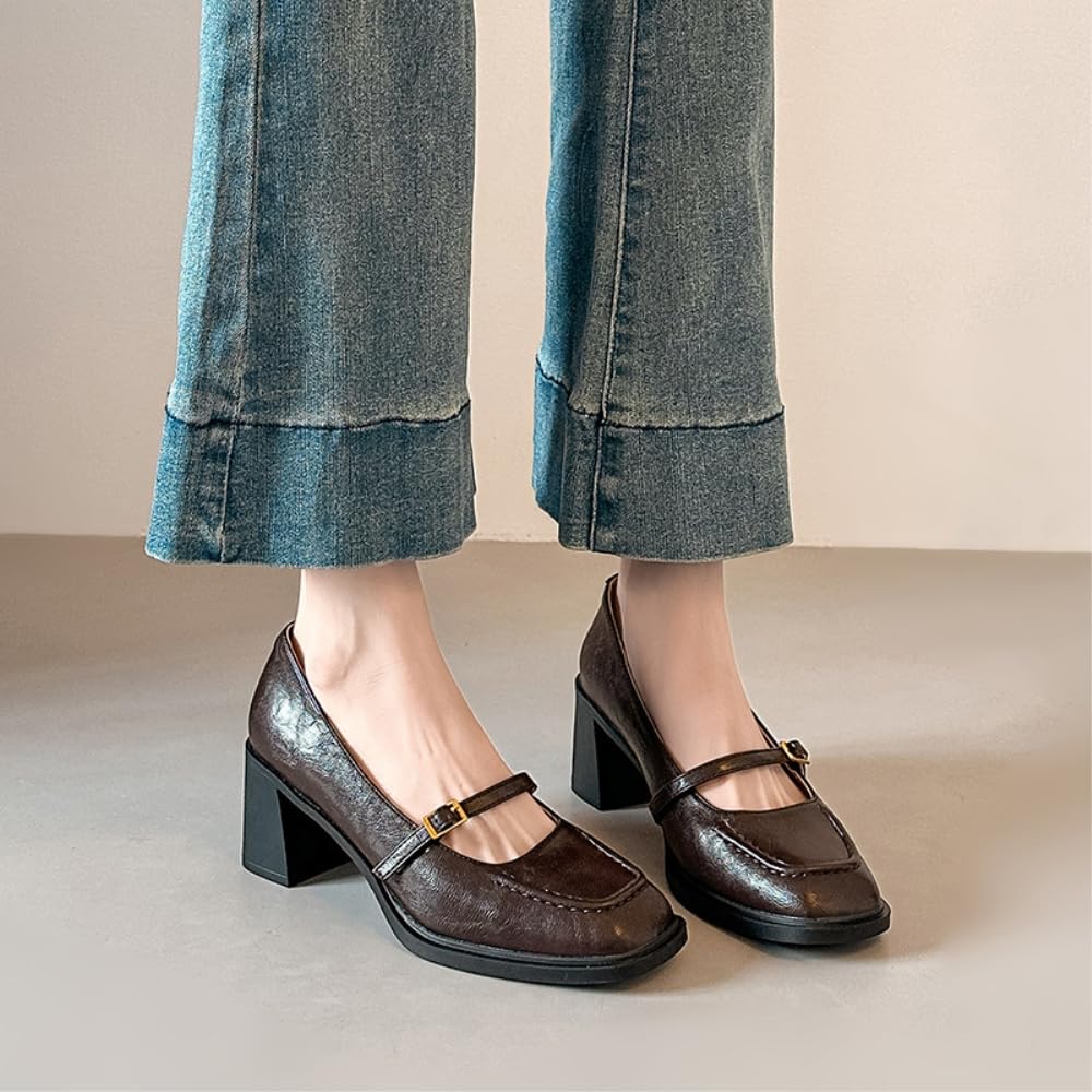 LVJMJ Mary Jane - Scarpe da donna in pelle con tacco grosso e punta quadrata, stile retrò, da ufficio, lavoro, comode, traspiranti, tacco basso da 4,5 cm
