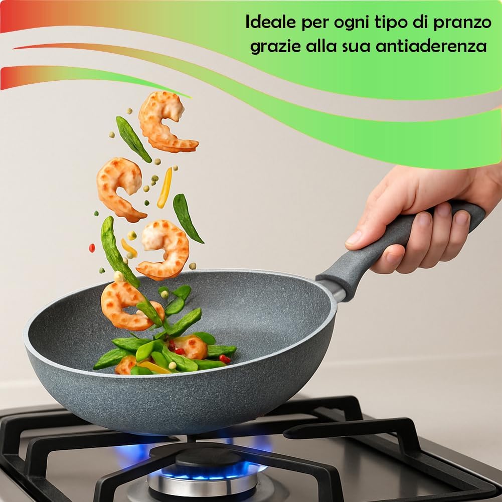 BAKAJI Set of 32 cm Frying Pan and Grill Pan 24 x 24 cm Stone Effect Non-Stick Coating PFOA Free Thermal Insulated Cool Touch Handle Ideal for Gas Hobs Homogeneous Cooking Made in Italy