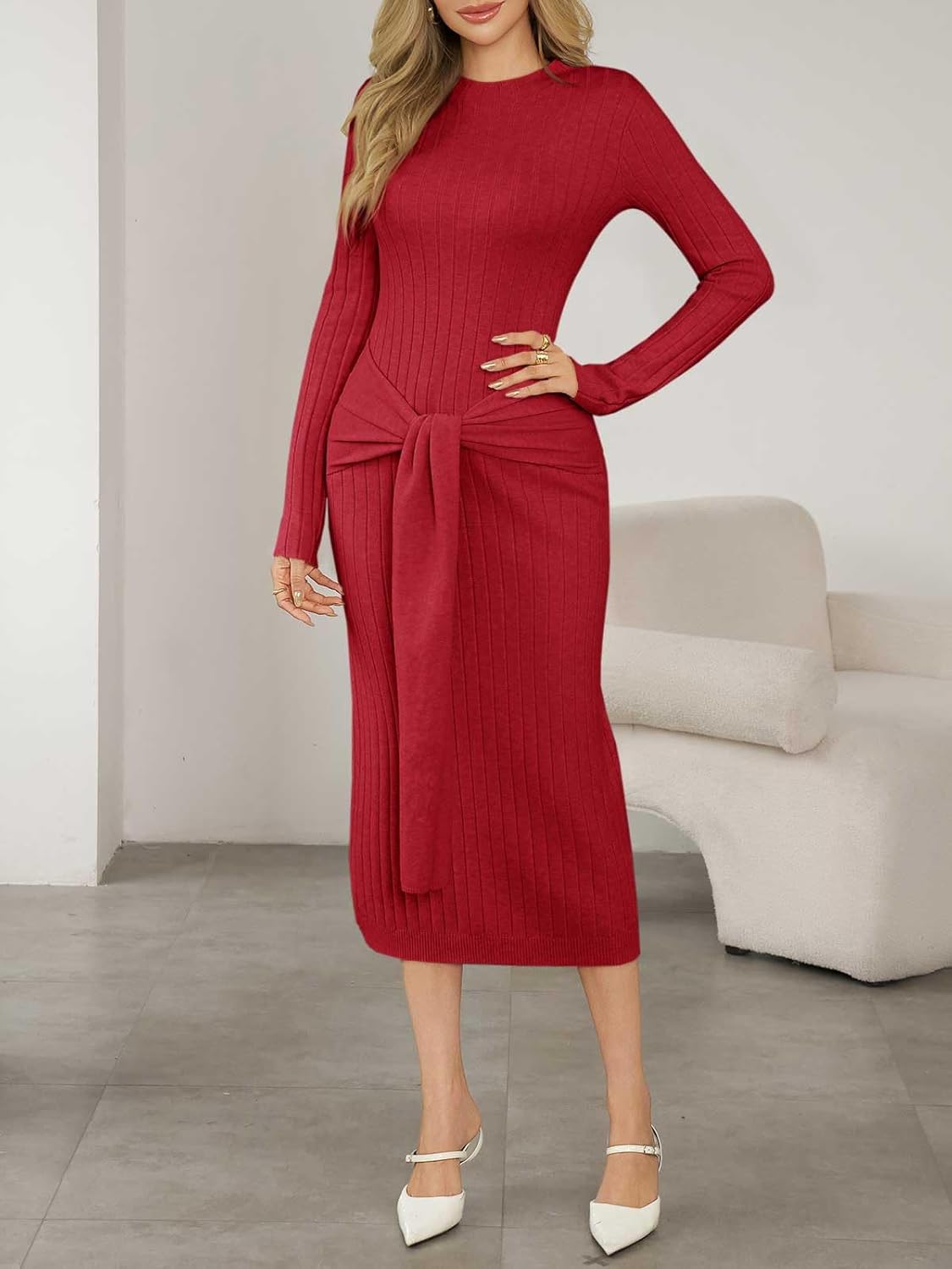 Saodimallsu Womens Long Sleeve Midi Sweater Dress Bodycon Mock Neck Ribbed Knit Tie Waist Fall Long Dresses - Image 2