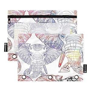 Pattern Elephants Binder Pencil Pouch for 3 Ring Pencil Pouch with Zipper Clear Window Pencil Case Pencil Pouches Bags for Office Supplies Daily, 2 Pack