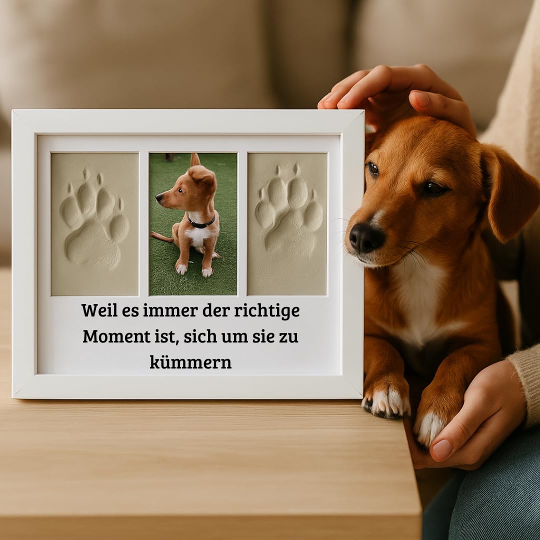Bilderrahmen für Haustierabdrücke (Hund, Katze) mit Foto, Druckset aus weißem Ton, Geschenkbox mit farbigem Passepartout, personalisiertes Andenken für Hunde und Katzen.