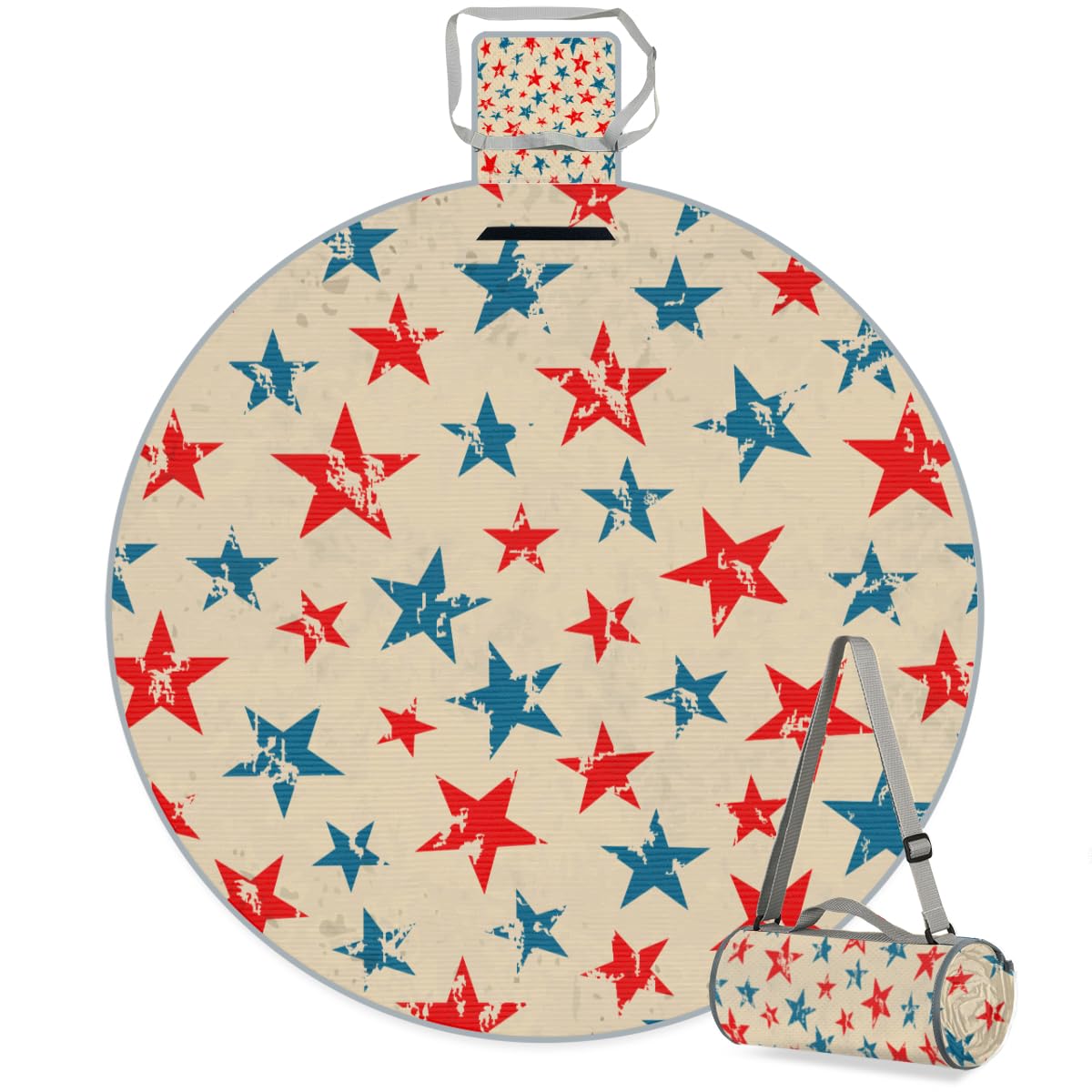 Shimoshe Star Flag Picnic Outdoor Blanket Foldable Waterproof Sandproof Beach Blanket Portable Water-Resistant Round Picnic Mat for Travel Camping Park Lawn