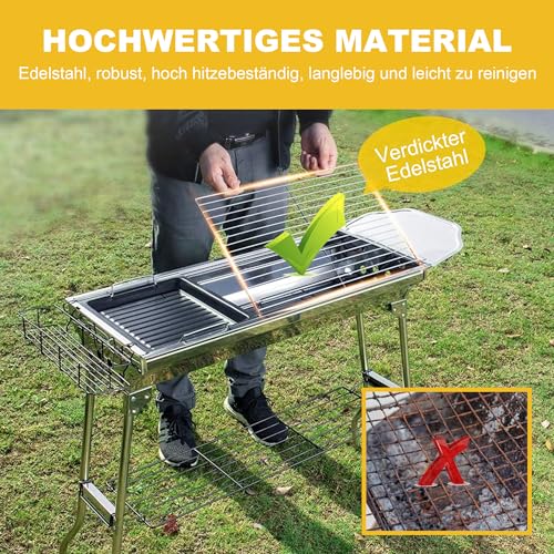 TEOV Edelstahl Holzkohle BBQ Grill, faltbar, für Draußen, Terrasse, Camping, Party - 100x3|5x70cm