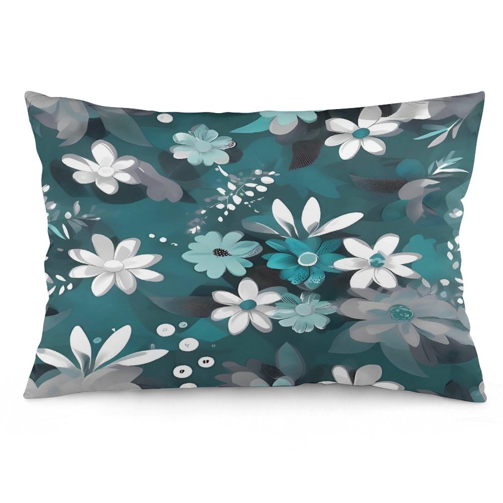 Teal Grey and White Floral_76917038 Throw Pillow Covers with Silent Zipper Polyester Pillow Protectors Removable Pillow Cases Soft Pillowcase Cozy Pillow Sham Cushion Cover for Sofa Car Bed 16 "x24