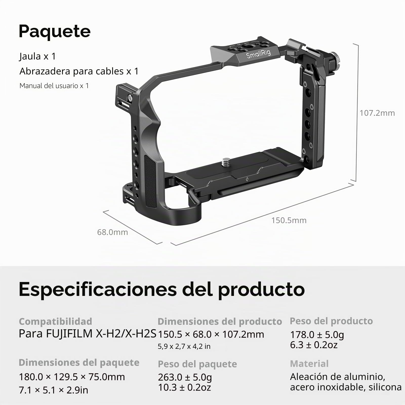 SMALLRIG X-H2 / X-H2S Camera Full Cage para FUJIFILM X-H2 / X-H2S, Equipo de Cámara para Hacer Videos de Aleación de Aluminio con Rails NATO, Placa de Liberación Rápida para Arca - 3934B