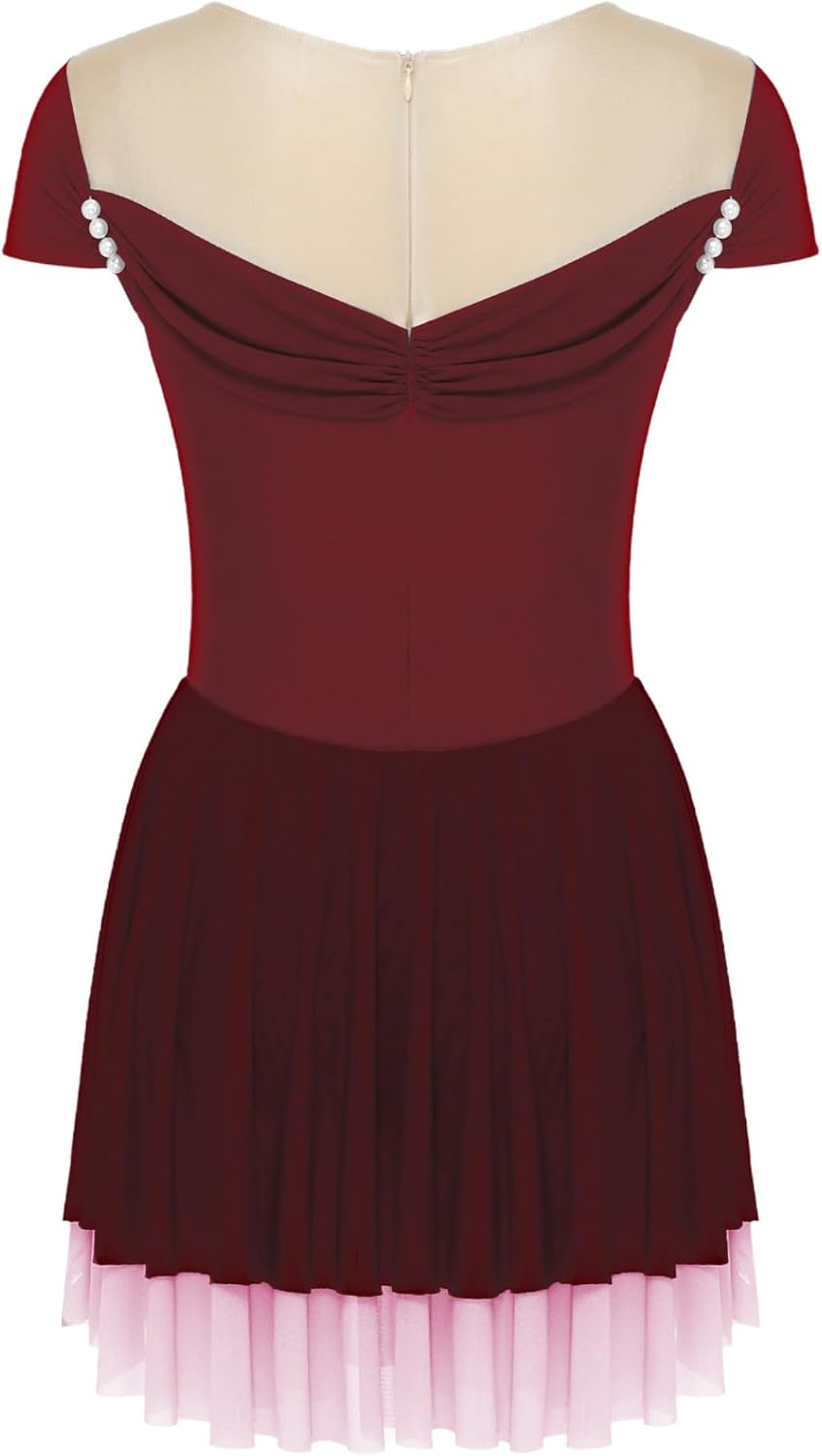 Figure Skating Dress for Women Cap Sleeve Tiered Color Block Mesh Hem Skirted Leotard Dancewear