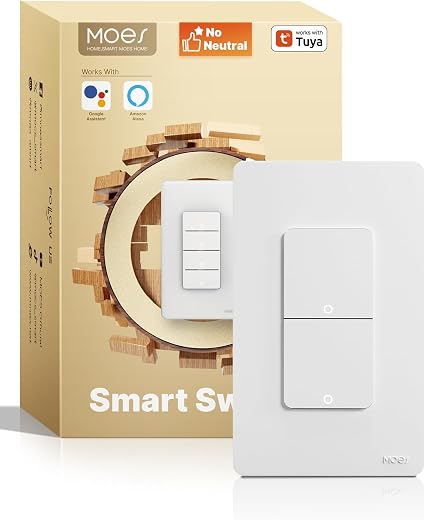 MOES Smart Double Light Switches, WiFi 2 Gang Single Pole Switch, No Netural Wire No Hub Required, 2.4GHz Switch Combo Com...