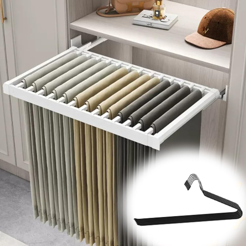 Adjustable Pull-Out Pants Rack - Extendable Hanger for Trousers, Scarves, Ties & Towels - Space-Saving Closet Organizer (Cabinet Width: 70cm/28in, Color: A)
