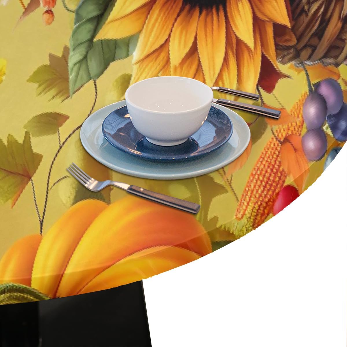 Round Tablecloth with Elastic Edge Fall Pumpkin Gnome Fitted Circle Table Cover wipeable Round Table Cloth for Indoor Outdoor Patio Dining Kitchen Decor for 45-50inch Tables