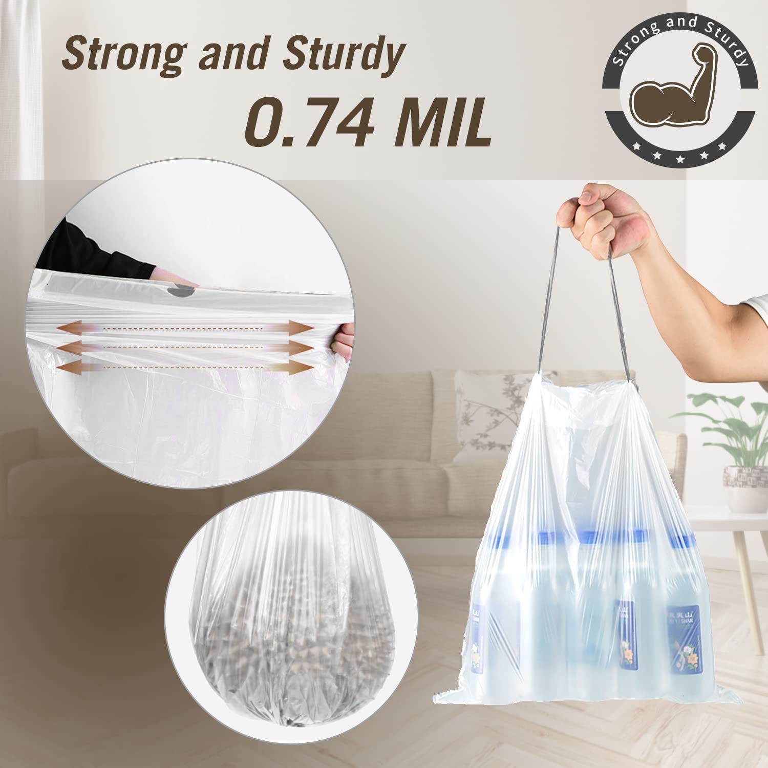 Bolsas de basura de 8 galones con cordón, bolsa de basura mediana fuerte para cocina, forros blancos para bote de basura, 22 x 23 pulgadas, (34 unidades)