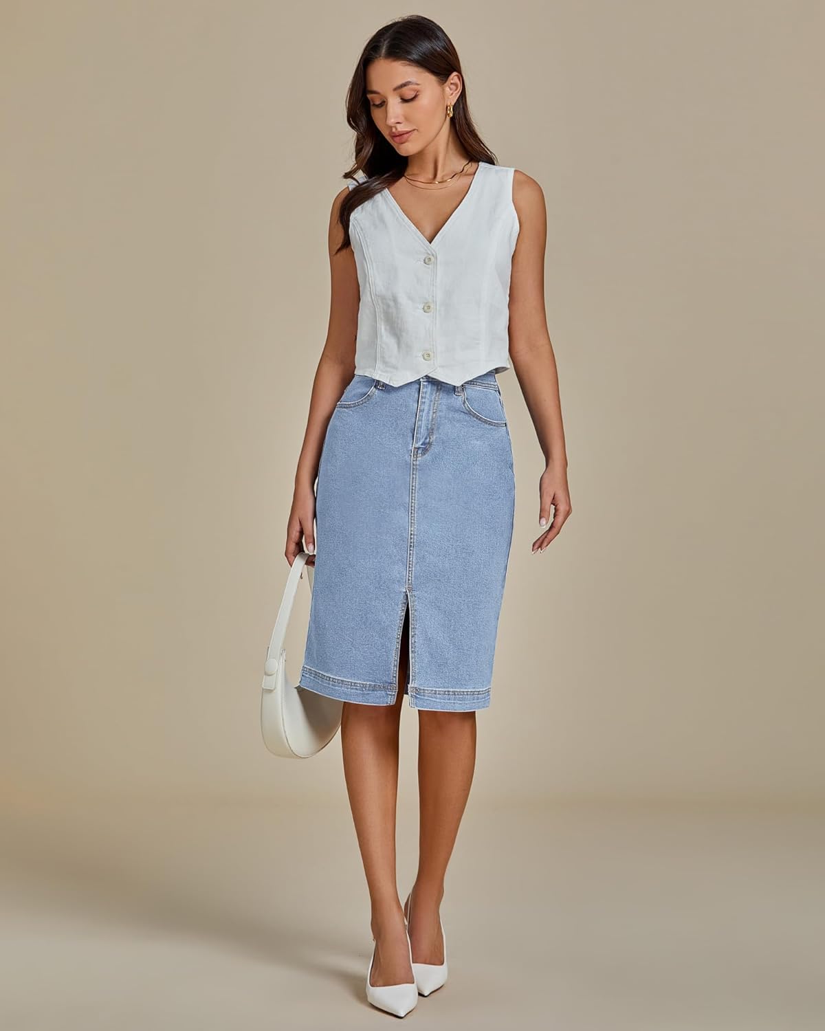 luvamia Jean Skirts for Women Denim Trendy Summer Casual Stretchy High Waisted Midi Below Knee Pencil Skirt with Slit - Image 6