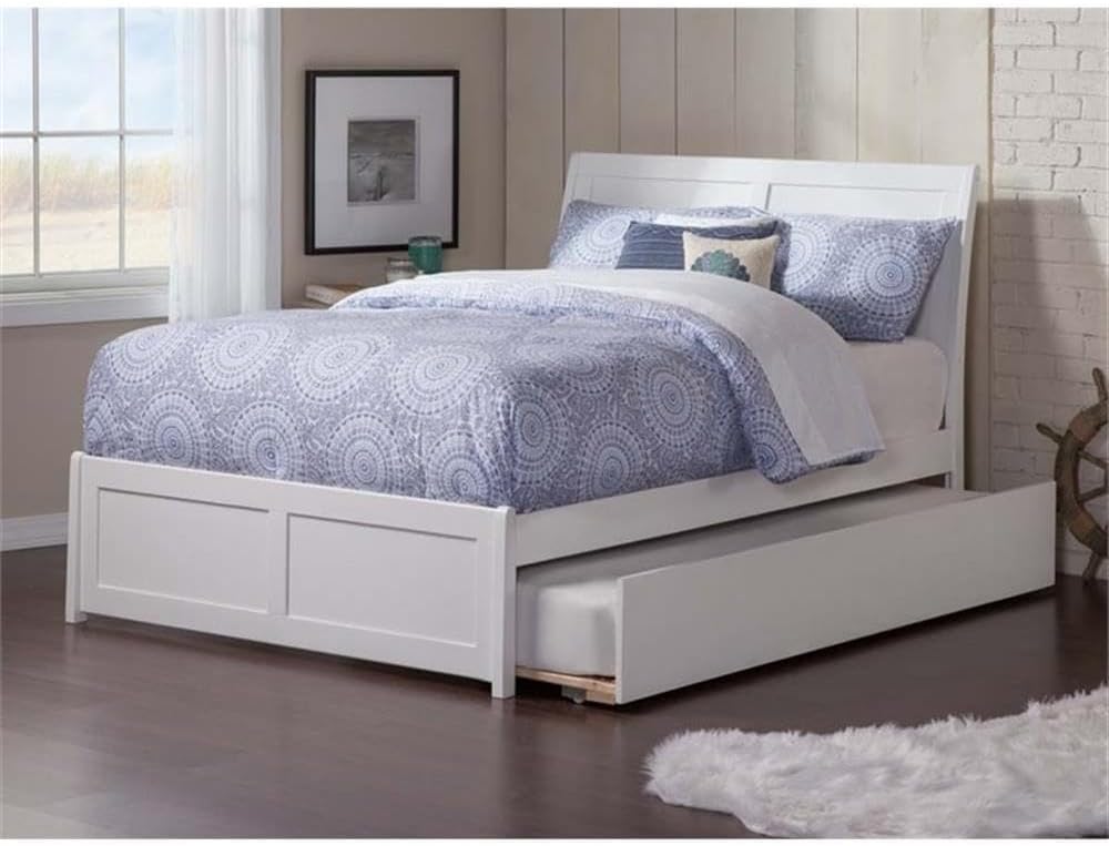Pemberly Row Full Trundle Platform Bed, Solid Hardwood Frame, White Finish, Durable Eco-Friendly Design, Includes Twin/Full Trundle, 82.5 x 55.67 x 44.29 Inches, Kids/Teen Bedroom