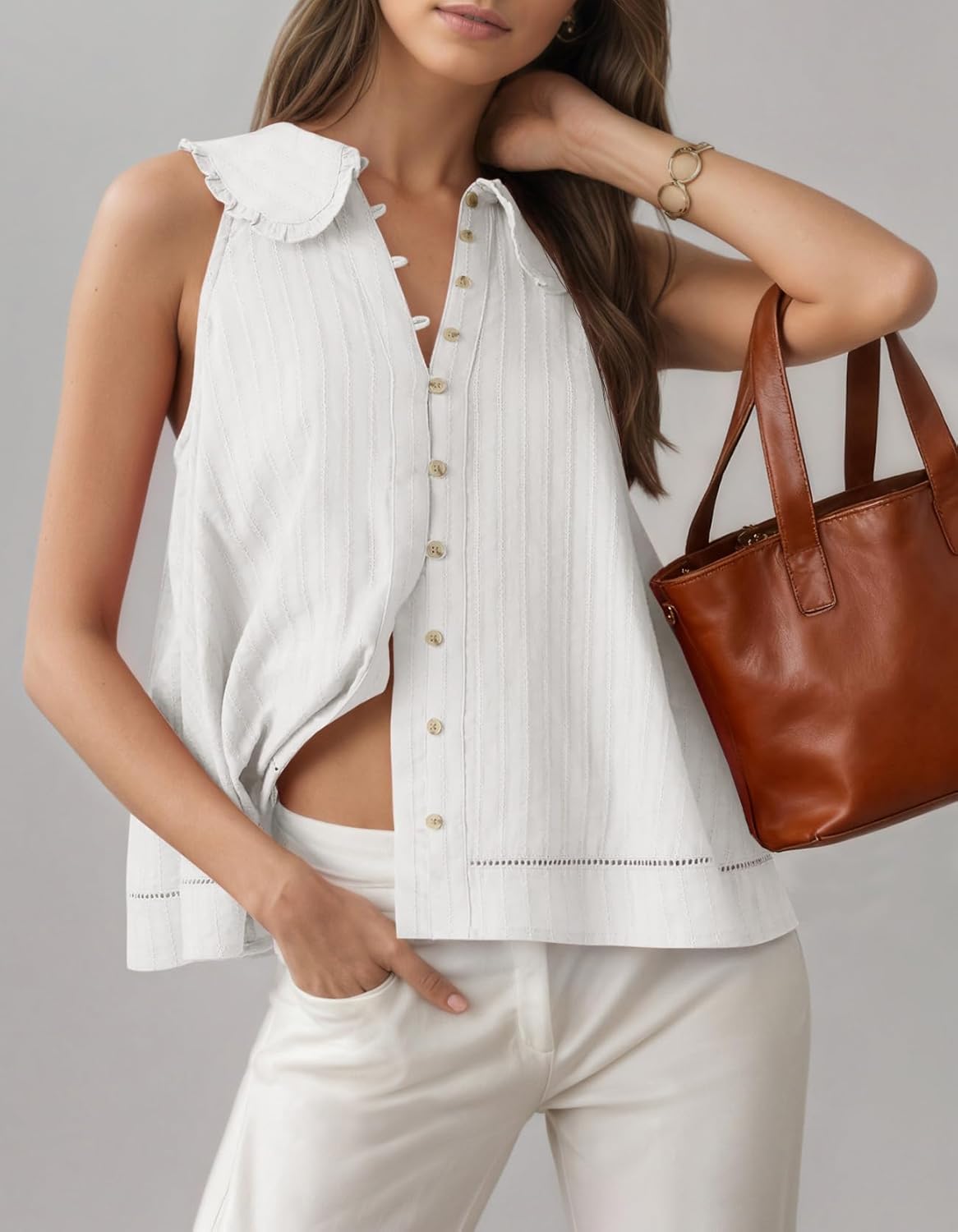 Tankaneo Womens Peter Pan Collar Shirt Summer Casual Sleeveless Button Down Tops Loose Fit Eyelet Hem Vest - Image 5