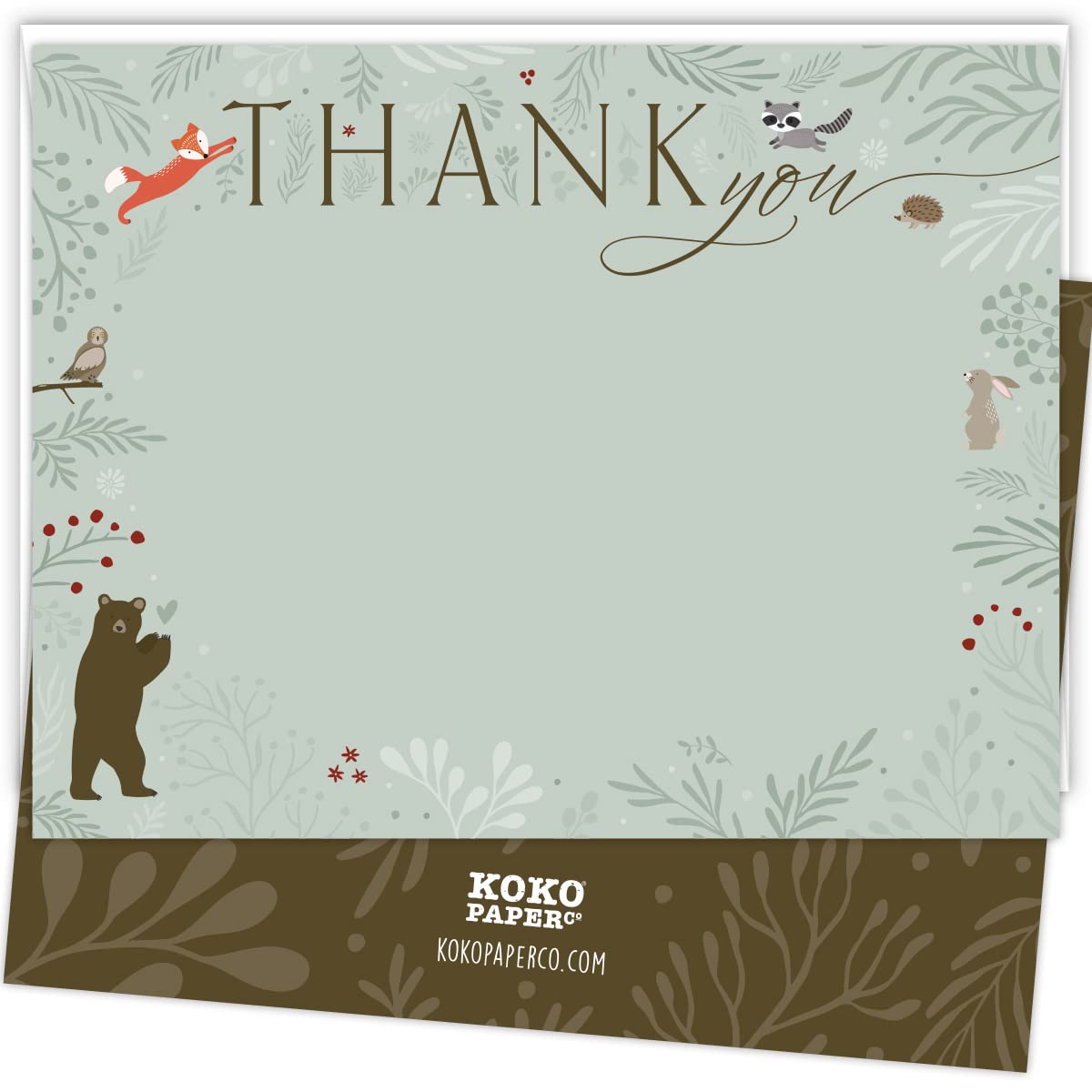 Koko Paper Co Enchanted Woodland Thank You Cards | 25 Flat Cards and 25 Bright White Envelopes | Heavy Card Stock.
