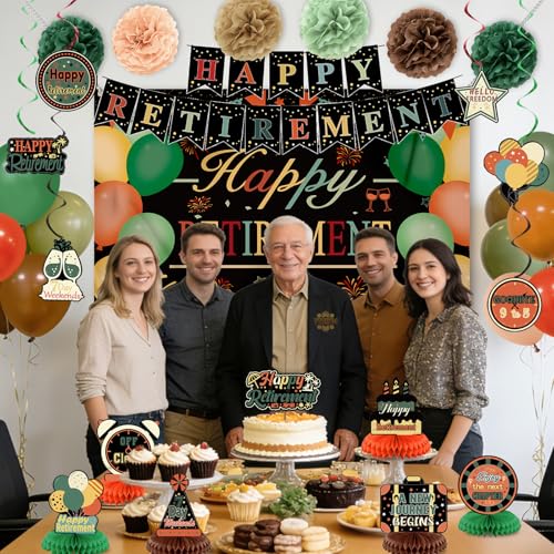 Image of Retirement Party Decorations for Men Women Vintage Happy Retirement Banner Backdrop Balloons Paper Pompoms Honeycomb Centerpiece Cake Topper Hanging Swirl Set