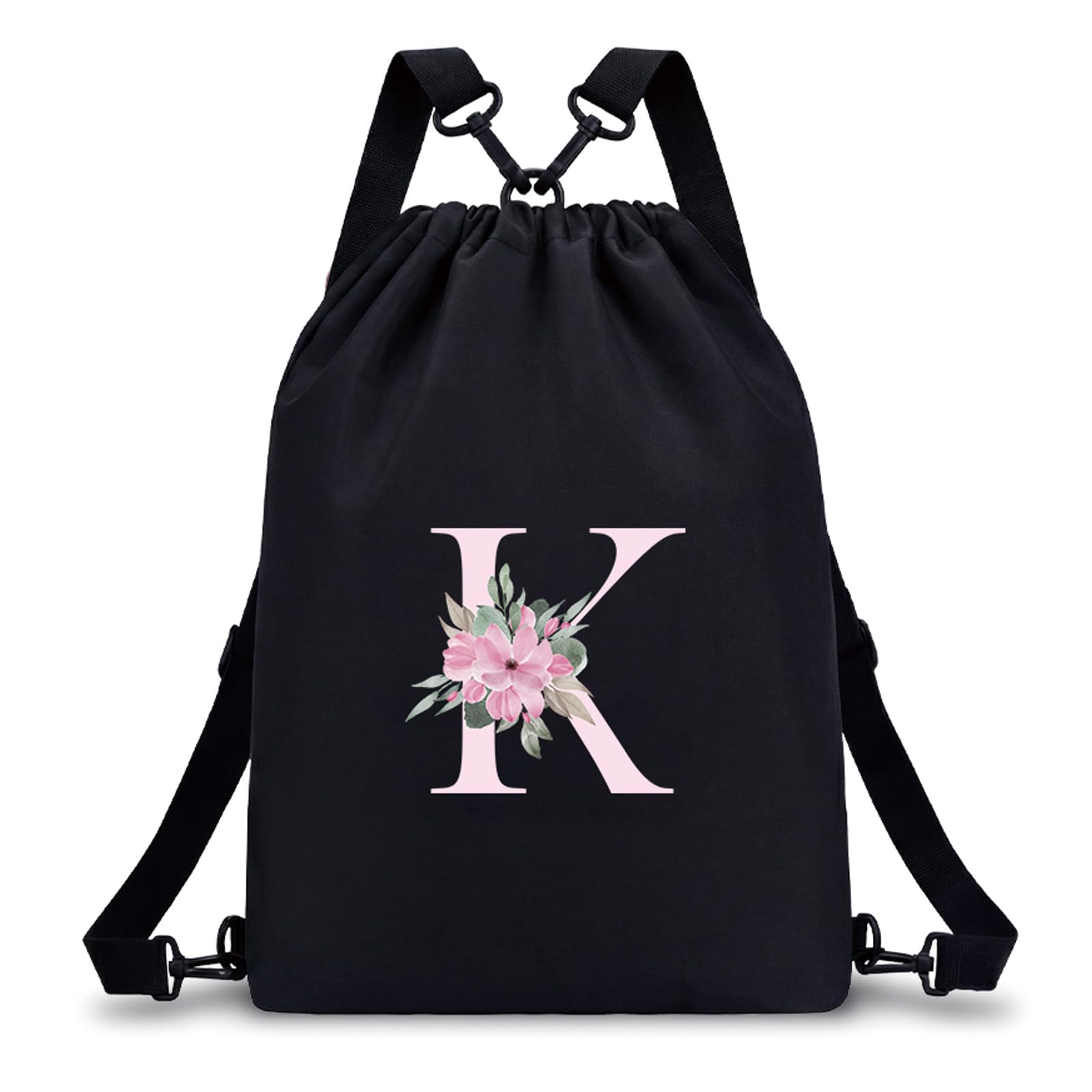 A-Z BAG Personalised Drawstring Swimming Bag for Women Girls Kids, 4-in-1 Convertible Initial Gym Bags (Backpack/Crossbody/Shoulder/Handbag), Waterproof Inside and Out (K)