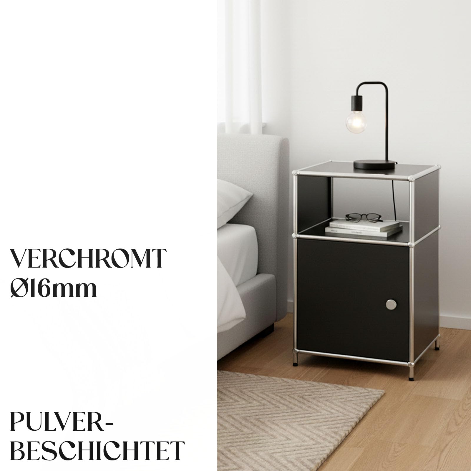 Floordirekt Regal, Metallregal, Beistelltisch - Schwarz, Chrom, 65Hx40Bx40T cm - Modulares Stecksystem im modernen Design, Metall Regal für Wohnzimmer, Büro, Flur - Nachttisch Concept Epure MK-040
