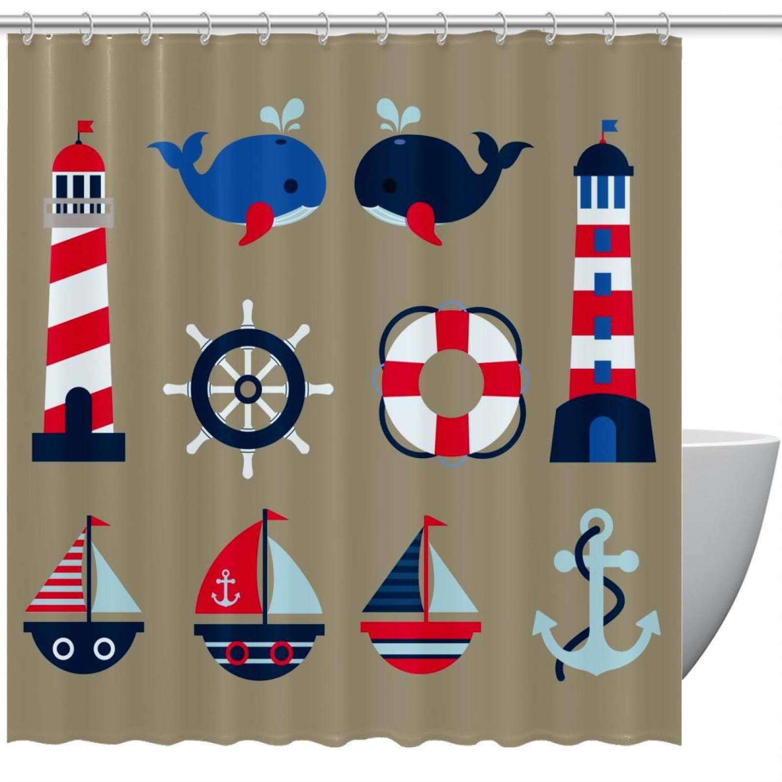 Rideau de douche imperméable phare coloré 183x183 cm pour une salle de bain marine