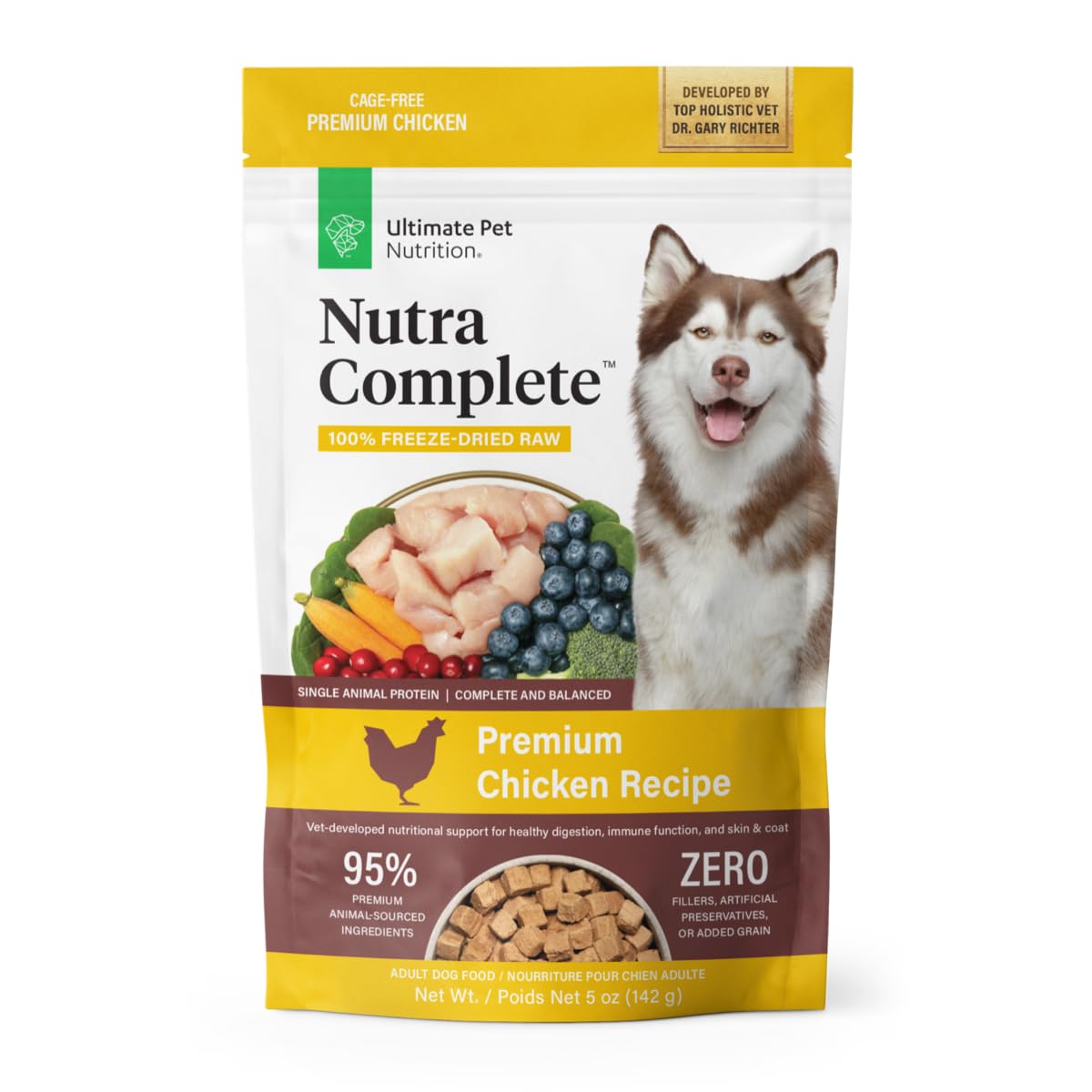 ULTIMATE PET NUTRITION Nutra Complete Freeze Dried Raw Dog Food, Veterinarian Formulated with Antioxidants, Prebiotics & Amino Acids (5 Ounce, Chicken)
