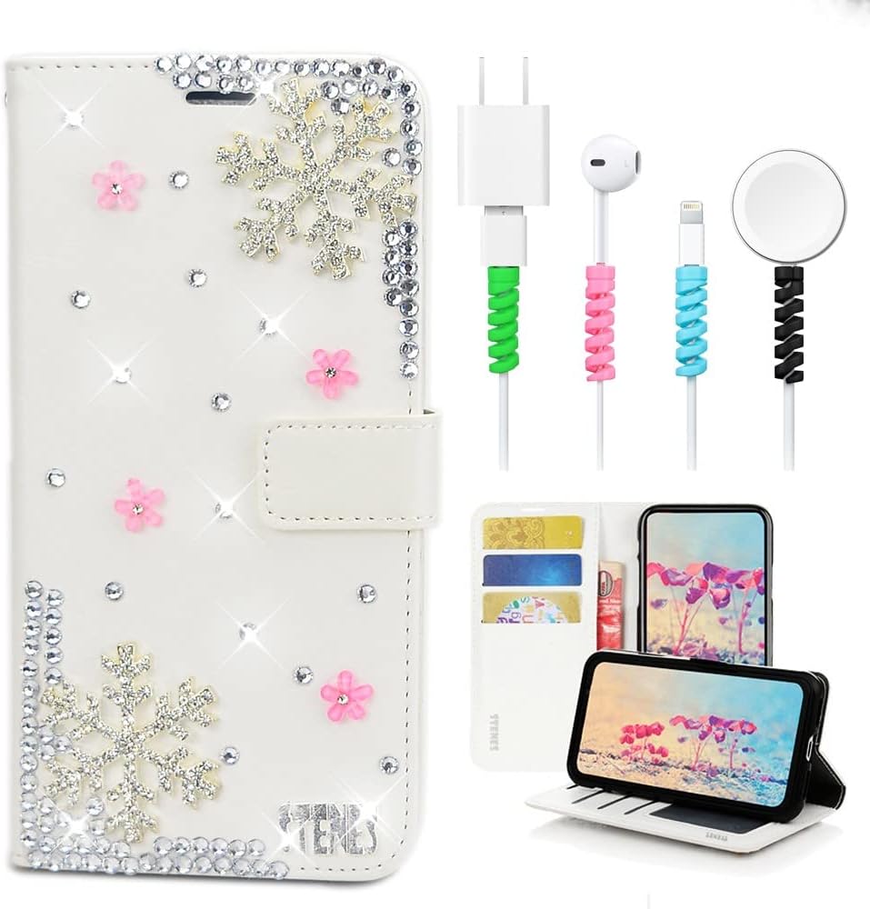 Bling Wallet Phone Case Compatible with iPhone Air / 17 Air - Stylish - 3D Handmade Snow Flowers Floral Design Leather Girls Women Cover with Cable Protector [4 Pack] - White