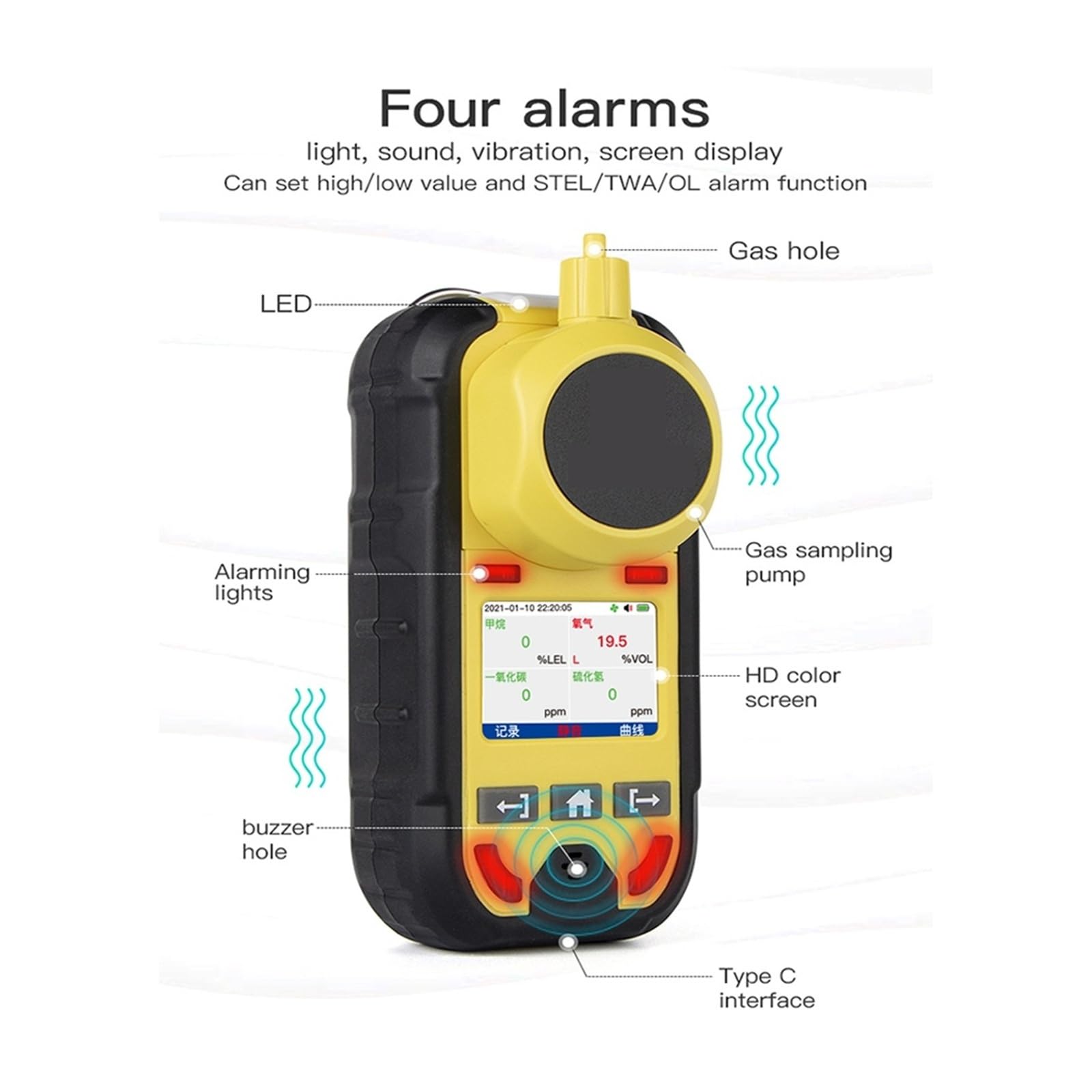 4 w 1 detektor wielogazowy O2 H2S CO LEL z wyświetlaczem LCD, alarmami wibracyjnymi, wizualnymi i dźwiękowymi, analizator wycieków gazów palnych Wysoka czułość dla laboratorium(H2S)