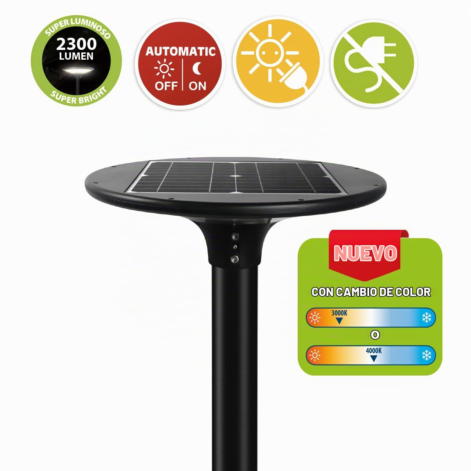 Farola LED solar 2300 lúmenes, IP65, (poste no incluido)