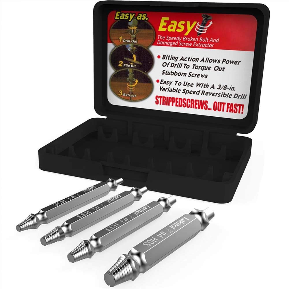 Lakitol Damaged Screw Extractor and Remover Set, Easily Remove Stripped Screws Set, H.S.S. 4341#, Hardness 62-63hrc (Set of 4)
