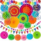 33Pcs Fiesta Decorations Cinco De Mayo Decorations Multi-Color Paper Fans Garlands Pennant Pom Poms Hanging Swirls For Birthday Wedding Rainbow Mexican Party