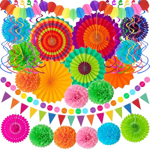 33Pcs Fiesta Decorations Cinco De Mayo Decorations Multi-Color Paper Fans