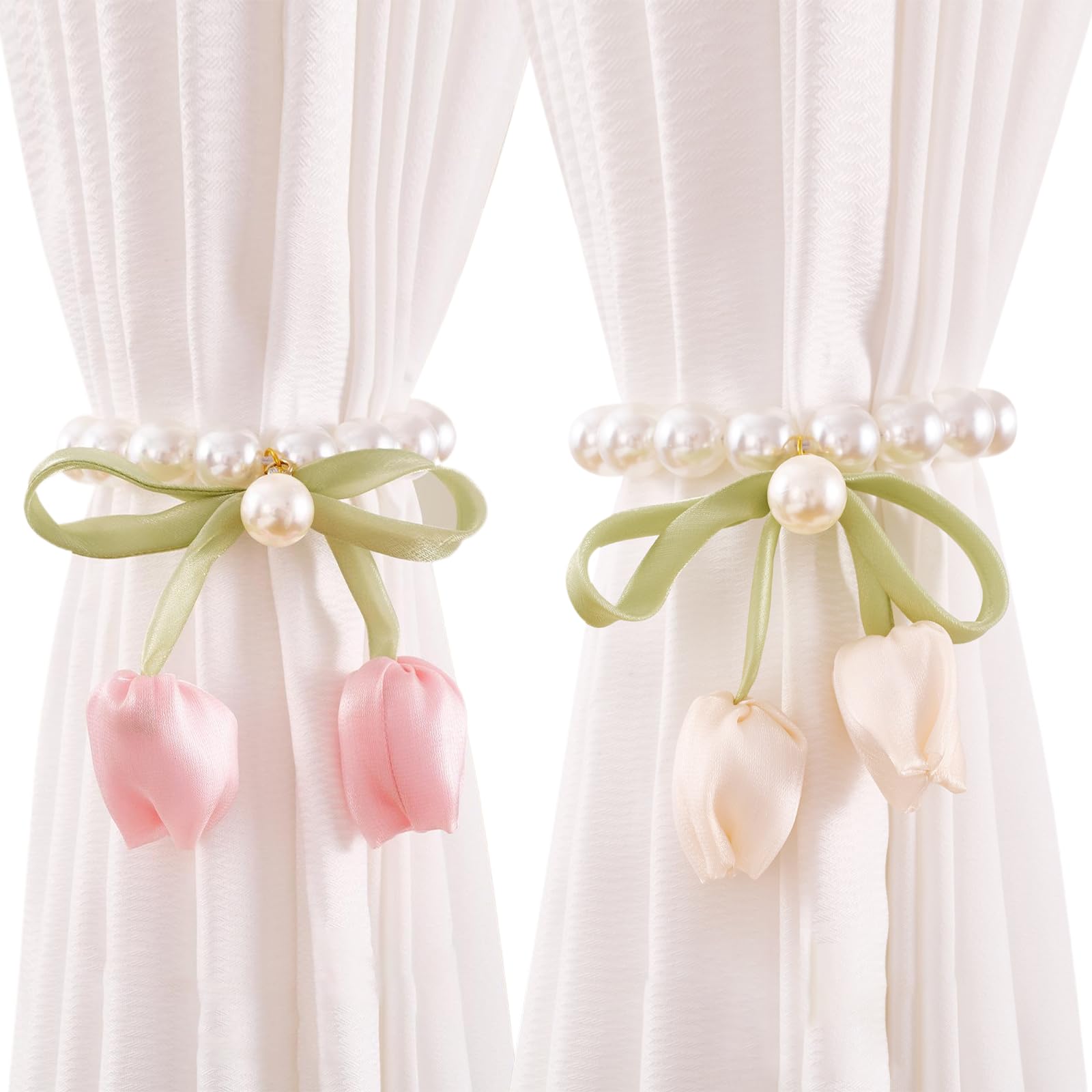 2 PCS Magnetic Curtain Tie Backs with Pearl & Green Ribbon Bow, 40cm Long Tulip Pendant Curtain Holdbacks for Nursery, Bedroom & Living Room Decor, No Drilling Required