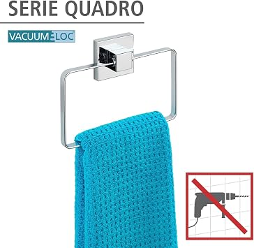 WENKO Vacuum-Loc Towel Ring Quadro, Silver Shiny, 18.5 x 3.5 x 14 cm, Stainless Steel