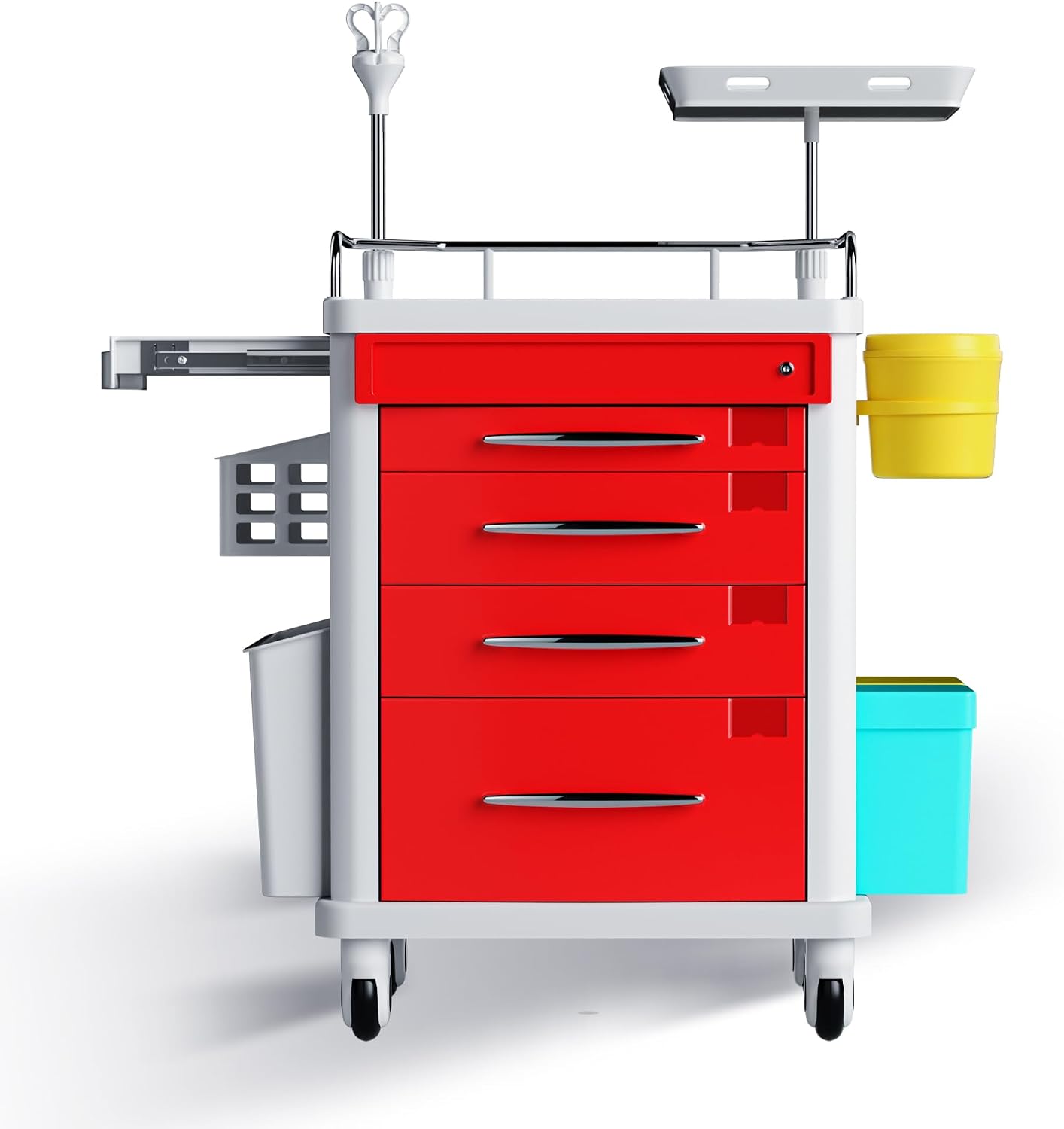Medical Emergency Crash Cart with Adjustable IV Pole, Silent Casters, 2 Trash Bins, O2 Holder, Needle Disposal Holder, CPR Board – Mobile Rolling Cart for Clinic, Hospital, Nursing Center