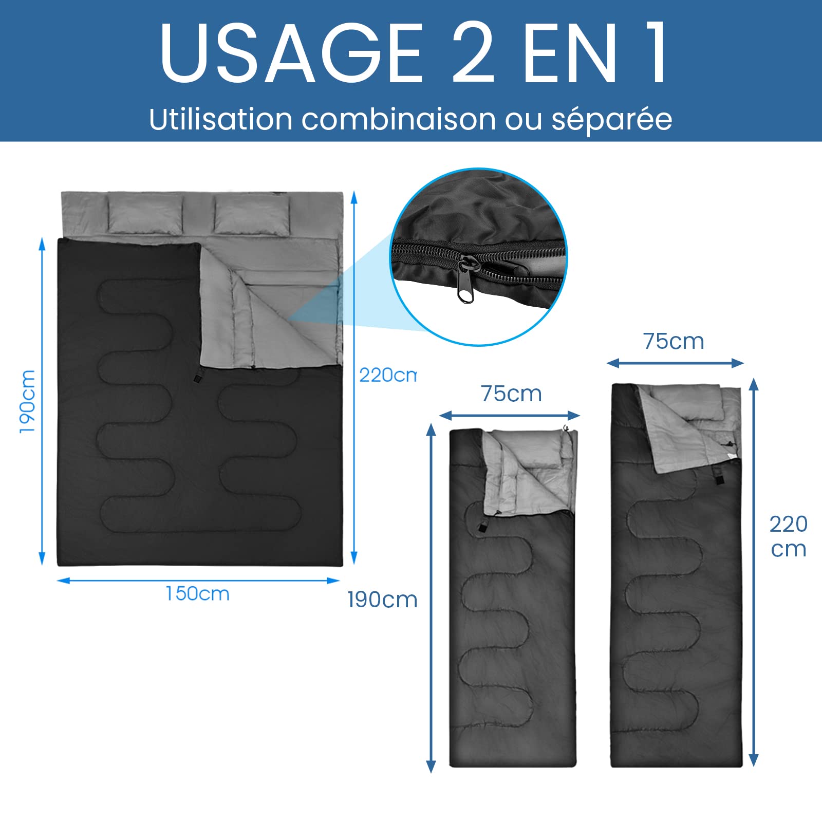 RELAX4LIFE Double Sac de Couchage avec 2 Oreillers et Sac de Transport, Détachable avec Fermetures Éclairspour 2 Personnes, Tapis de Sol Imperméable Convient pour Camping, Randonnée, Voyage