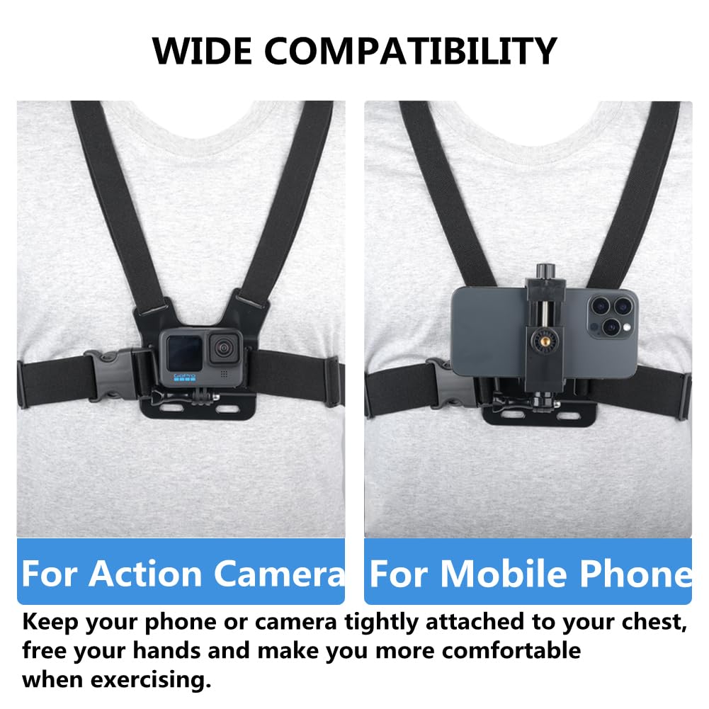 Arnés de Pecho Ajustable, Soporte Movil Pecho + Trípode Portátil, Soporte de Pecho de Teléfono Móvil para dji, Gopro, Otras Cámaras de Acción y Teléfonos